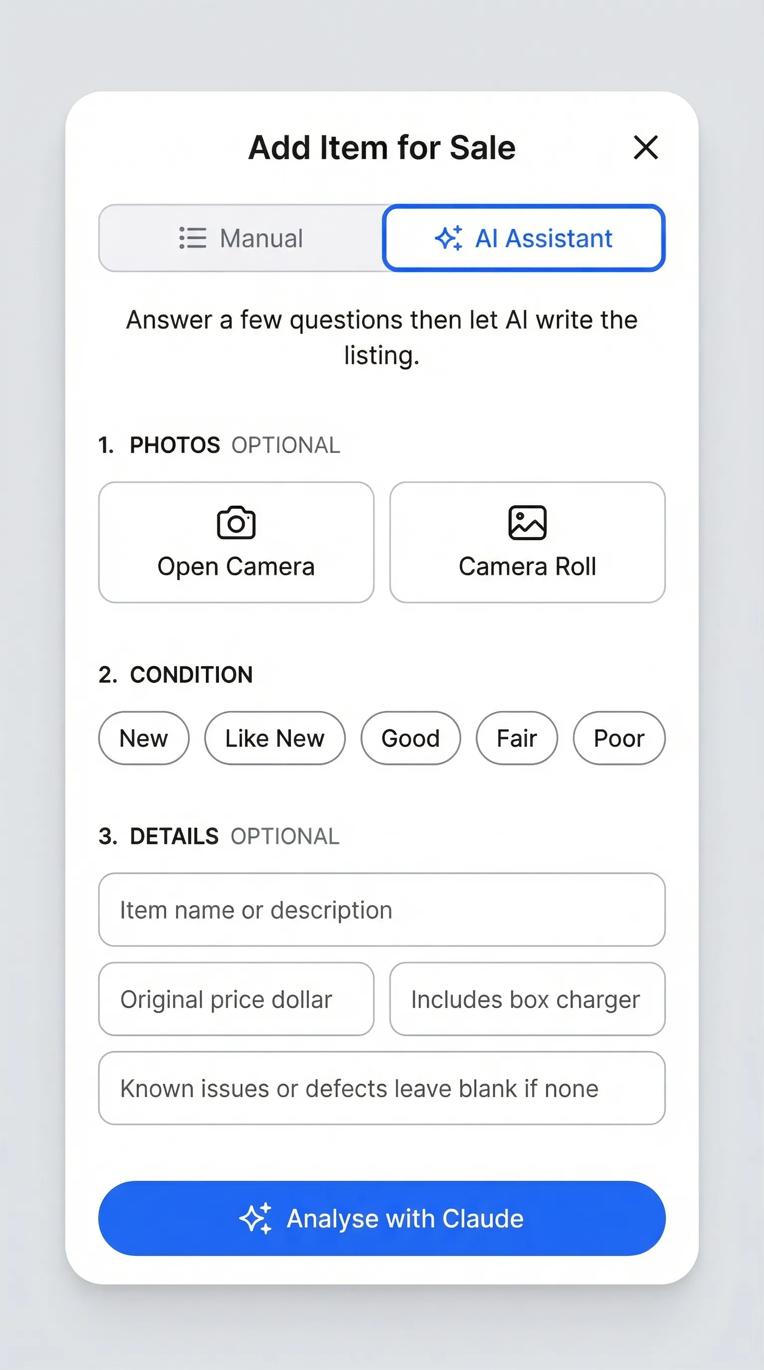 Flipsellr AI Assistant tab showing camera, condition picker, and details form