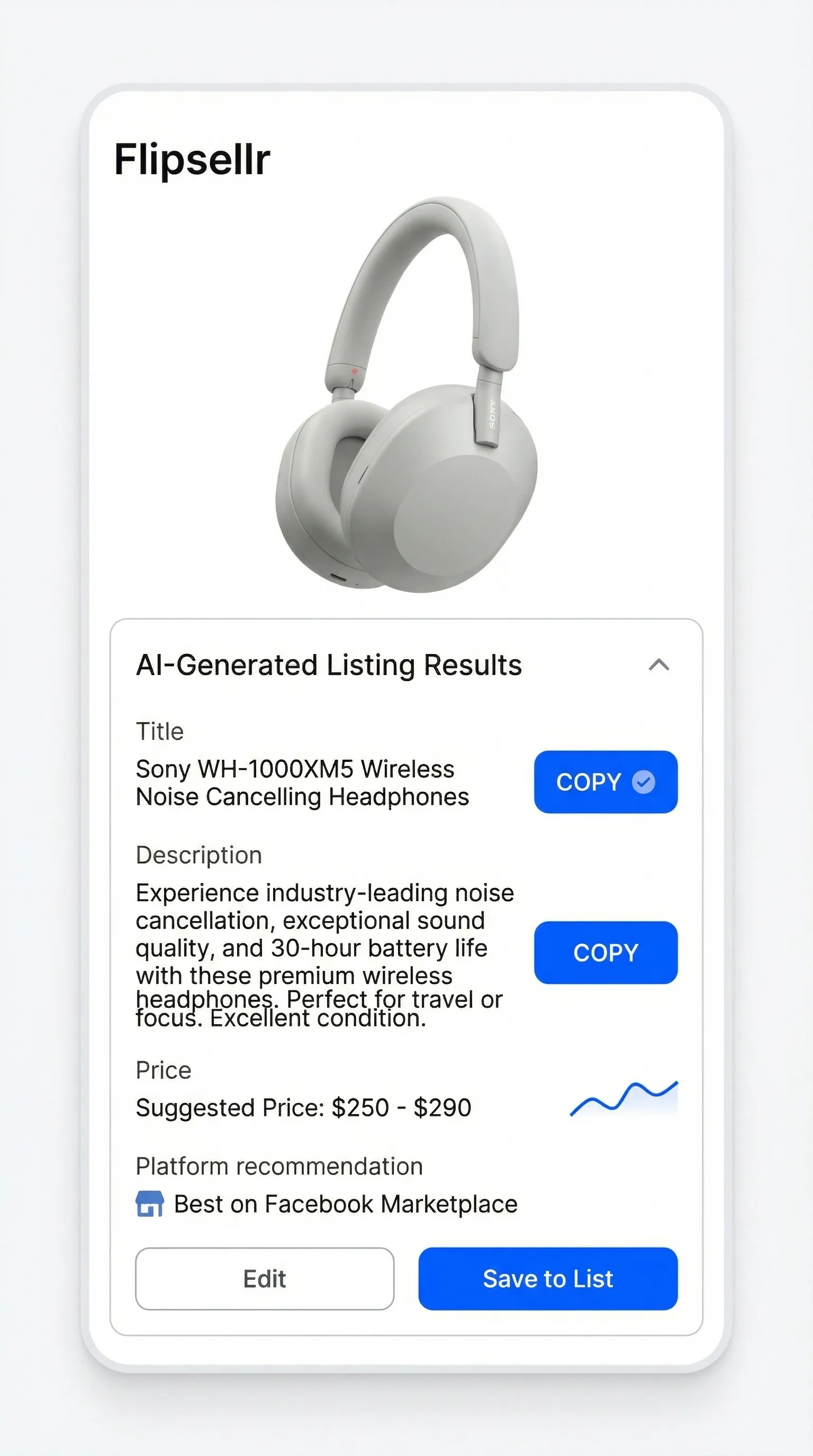 Flipsellr app showing AI-generated listing with title, description, price, and copy buttons for Sony WH-1000XM5 Headphones