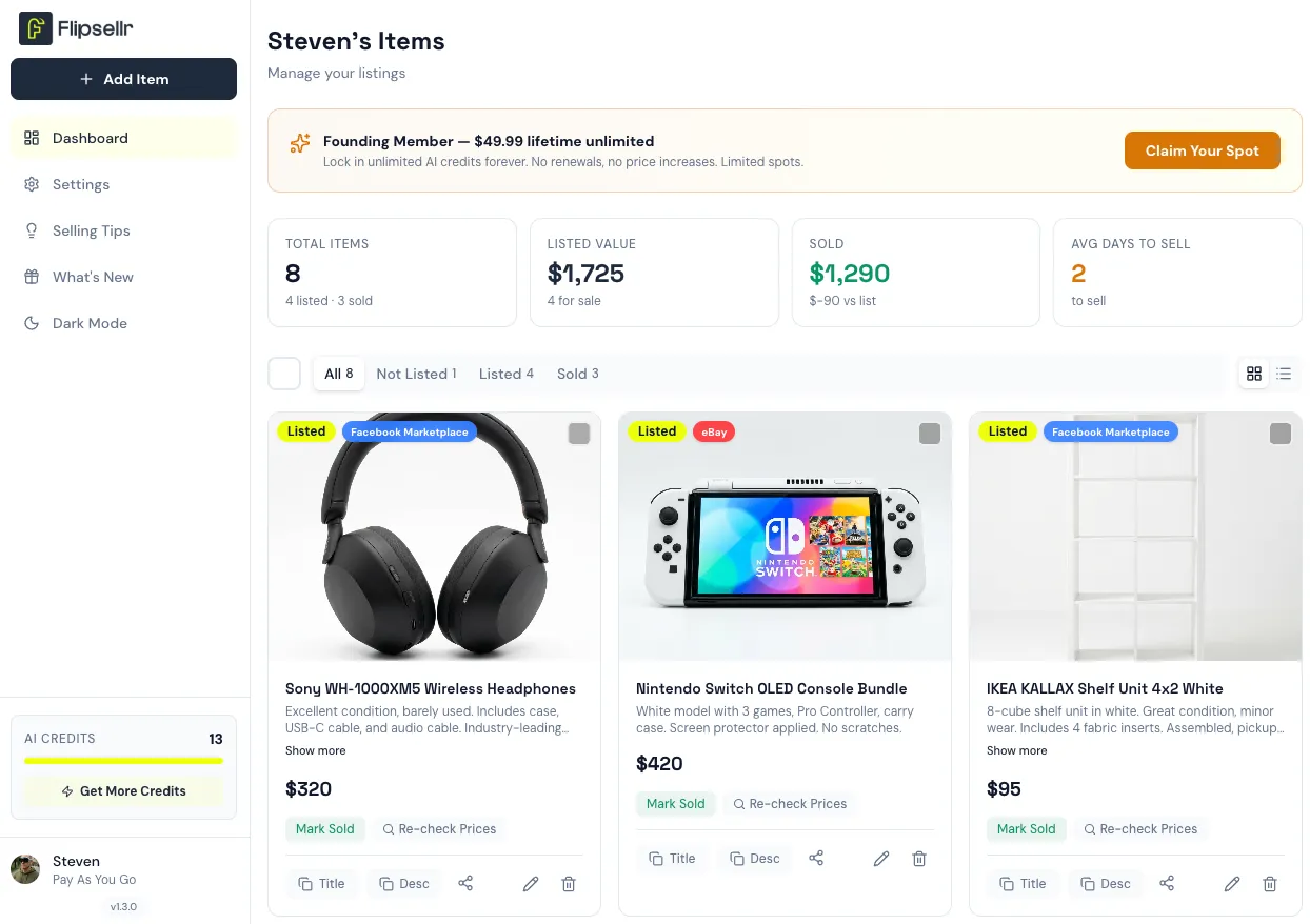 Flipsellr dashboard showing 11 items for sale with projected value of $4,830 and status tracking