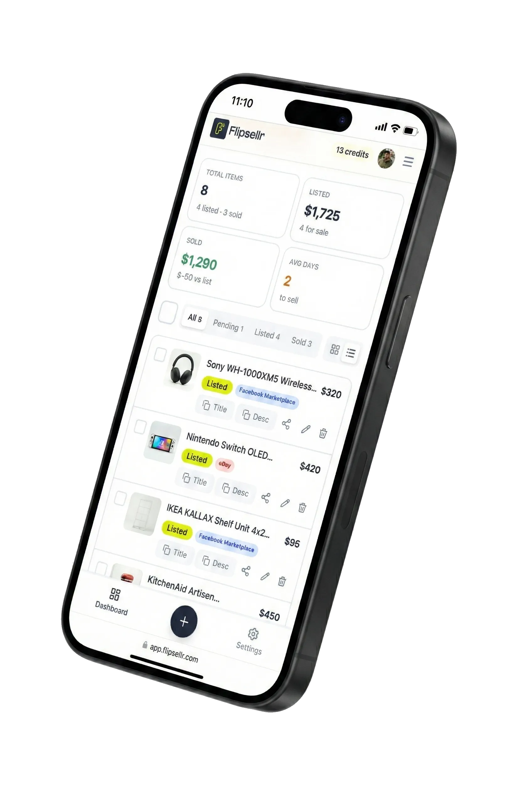 Flipsellr app showing AI-generated listing with title, description, price, and copy buttons for Sony WH-1000XM5 Headphones